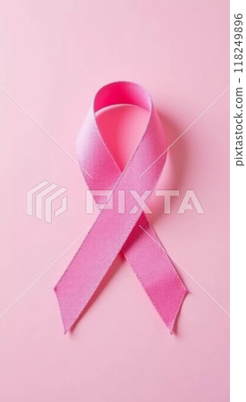 A delicate pink ribbon lies against a soft pink background, serving as a powerful symbol of cancer awareness and the ongoing fight against the disease, encouraging unity and support. Generative AI 118249896