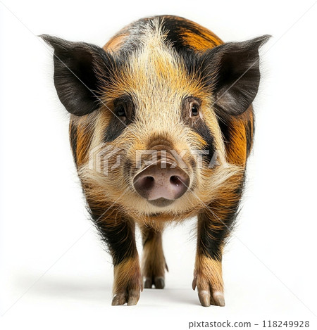 striking red river hog stands confidently, showcasing its long snout and fascinating facial markings. The animal's vivid fur contrasts beautifully with the plain background. 118249928