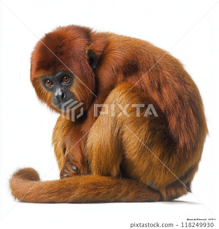 captivating creature sits with its tail curled, displaying its striking reddish fur and intense expression. The howler monkey engages viewers, exuding a unique charm. 118249930