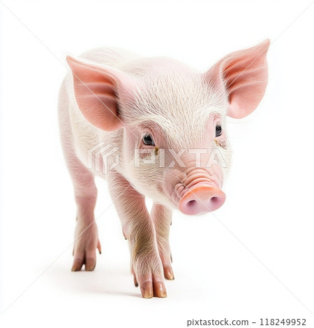 adorable piglet stands proudly on its short legs, showcasing its gentle pink skin and floppy ears, embodying the innocence of farm life in a bright setting. adorable piglet stands proudly on its short legs, showcasing its gentle pink skin and floppy ears, embodying the innocence of farm life in a bright setting. 118249952