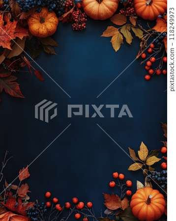 Autumn harvest decoration on dark blue background with pumpkins and fall leaves 118249973
