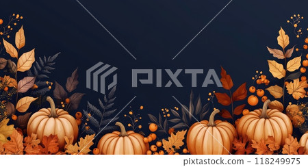 Autumn harvest scene with pumpkins and fall leaves on dark blue background 118249975