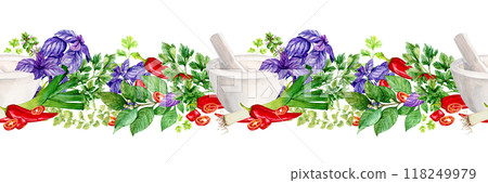 Seamless pattern with kitchen herbs and mortar. Rosemary, thyme, chili, basil, mint, bay leaf, cilantro, parsley, paprika. Watercolor illustration. Spices of India, composition on white background. Seamless pattern with kitchen herbs and mortar. Rosemary, thyme, chili, basil, mint, bay leaf, cilantro, parsley, paprika. Watercolor illustration. Spices of India, composition on white background. 118249979