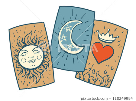 Set of Tarot cards for fortune telling. Gypsy tool for predicting the future. Esoterics, Wicca, witchcraft, magic, divination. Vector illustration in flat style. 118249994