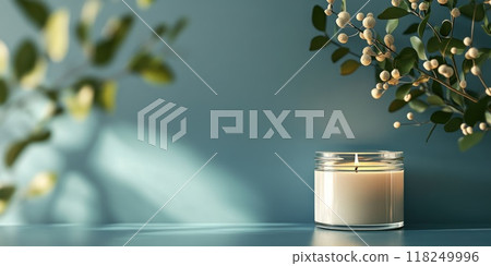 Elegant candle in jar with natural foliage on contrasting background 118249996