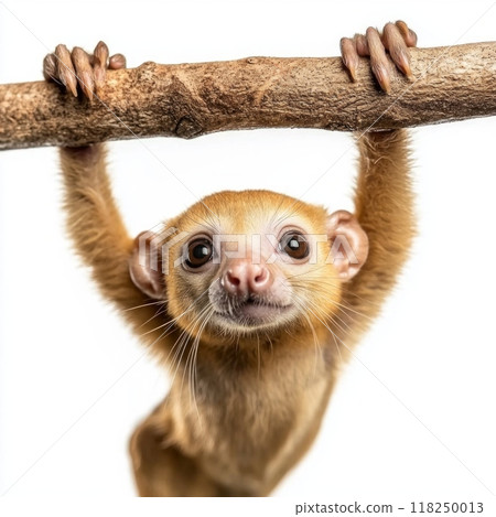 kinkajou clings to a branch, its prehensile tail wrapped around for support. The animal's curious gaze and soft fur shine against the bright background, highlighting its unique features. kinkajou clings to a branch, its prehensile tail wrapped around for support. The animal's curious gaze and soft fur shine against the bright background, highlighting its unique features. 118250013