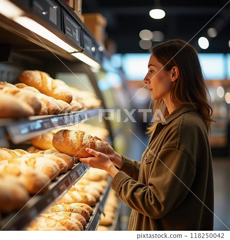 A woman stands in a bakery, carefully choosing a bread loaf from a well-stocked display. The bakery offers a variety of freshly baked options, creating a warm atmosphere. Generative AI A woman stands in a bakery, carefully choosing a bread loaf from a well-stocked display. The bakery offers a variety of freshly baked options, creating a warm atmosphere. Generative AI 118250042
