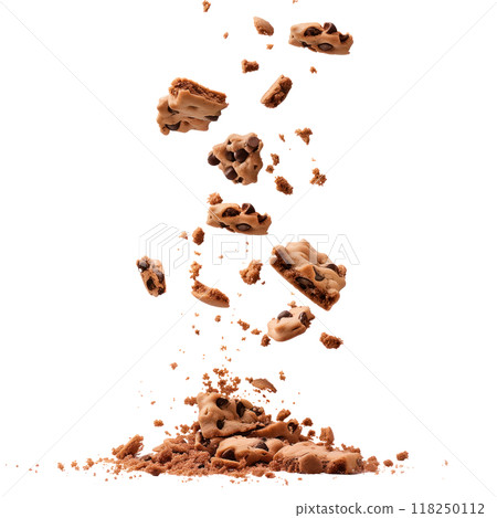 Cookie crumbs falling and gathering in a pile, isolated on a transparent background. Concept of baking, texture, and crumbling. 118250112