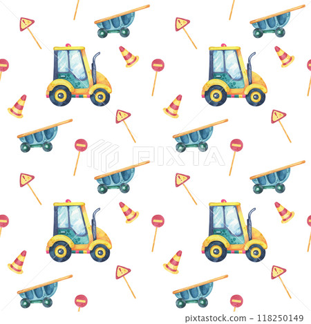 Yellow green tractor, blue wheelbarrows, striped road cones, and red traffic signs. Seamless pattern, watercolor clipart, cartoon style. Perfect for wrapping paper, childrens fabrics, and room decor 118250149