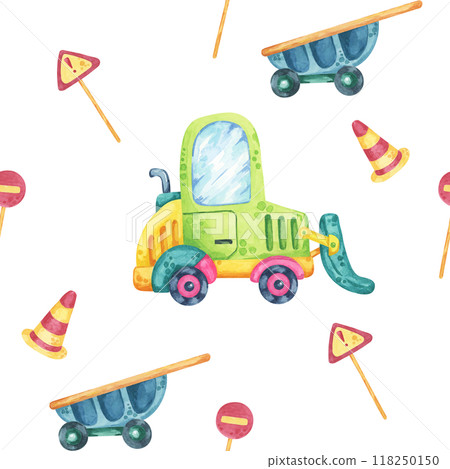 Green forklift, blue wheelbarrows, striped road cones, and red traffic signs. Seamless pattern, watercolor clipart, cartoon style. Ideal for party supplies, baby textiles, and nursery wallpaper Green forklift, blue wheelbarrows, striped road cones, and red traffic signs. Seamless pattern, watercolor clipart, cartoon style. Ideal for party supplies, baby textiles, and nursery wallpaper 118250150