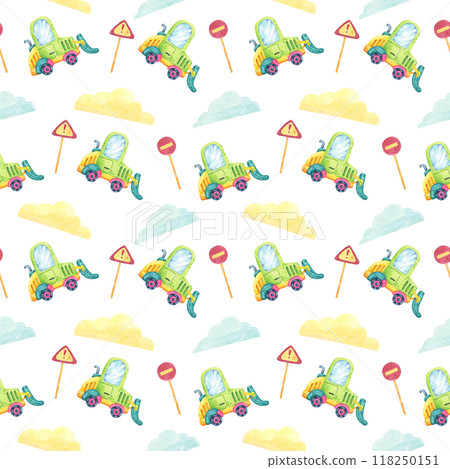 Green trucks with blue windows, yellow clouds, red and yellow road signs. Seamless pattern, watercolor clipart. Suitable for baby shower invitations, scrapbook backgrounds, and fabric prints 118250151