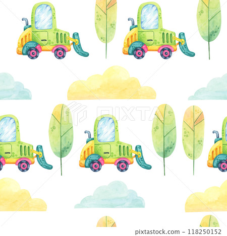 Green truck with tall trees on background with yellow and blue clouds. Seamless pattern watercolor clipart. Illustration for use in childrens bedding, scrapbook paper, or storybook cover Green truck with tall trees on background with yellow and blue clouds. Seamless pattern watercolor clipart. Illustration for use in childrens bedding, scrapbook paper, or storybook cover 118250152