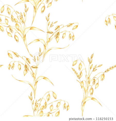 Oats stalks seamless pattern. Golden oats bouquets. Avena sativa watercolor clipart. Illustration for textile design, rustic-themed packaging, eco-friendly branding, and nature-inspired wallpapers Oats stalks seamless pattern. Golden oats bouquets. Avena sativa watercolor clipart. Illustration for textile design, rustic-themed packaging, eco-friendly branding, and nature-inspired wallpapers 118250153