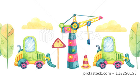 Tower crane, excavator, no entry signs, trees and clouds in watercolor. Construction site seamless border clipart in cartoon style. Cute forklift car illustration for children's rooms, clothing Tower crane, excavator, no entry signs, trees and clouds in watercolor. Construction site seamless border clipart in cartoon style. Cute forklift car illustration for children's rooms, clothing 118250155