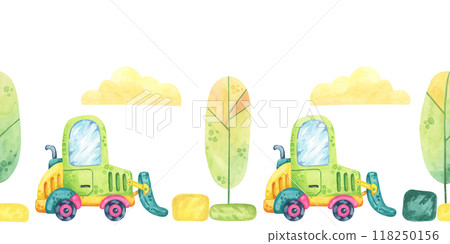 Excavator, building blocks, trees and clouds in watercolor. Construction site seamless border clipart in cartoon style. Cute forklift car illustration for children's rooms, clothing or textile 118250156