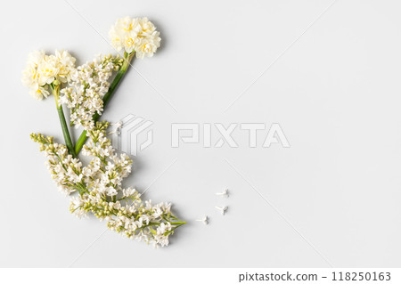 Spring flower frame made of white lilac and white daffodils on gray background with a place for text in the middle. Flat lay, copy space 118250163