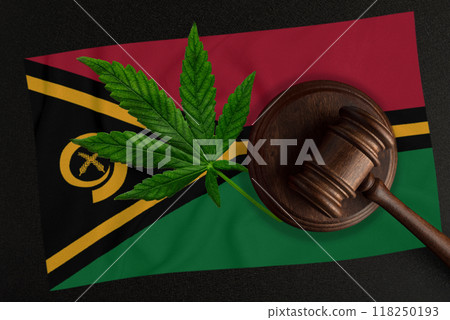 Mallet of the judge on the background of the flag of Vanuatu with a marijuana leaf Mallet of the judge on the background of the flag of Vanuatu with a marijuana leaf 118250193
