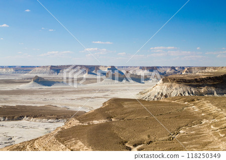 Bozzhira valley aerial view, Mangystau region, Kazakhstan 118250349