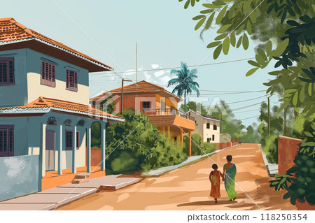 Illustration of an Indian family enjoying a leisurely walk through their tranquil village 118250354