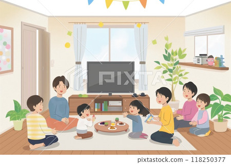 Illustration of a happy family gathering in their living room, spending quality time together at home 118250377