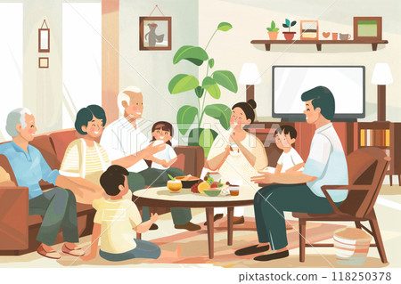 Cheerful illustration depicting a multi-generational family enjoying quality time together in a cozy living room setting 118250378