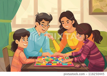 Colorful illustration of a cheerful family playing board games in their cozy living room 118250445