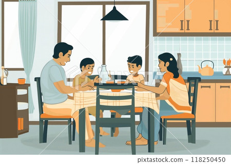 Illustration of a happy Indian family seated around the dining table enjoying a meal in a cozy kitchen setting 118250450