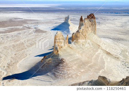 Bozzhira valley pinnacles aerial view, Mangystau region, Kazakhstan. Ak Orpa pinnacles 118250461