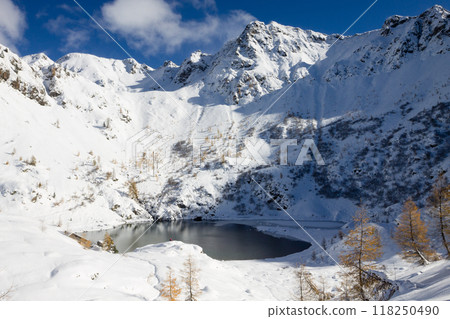 Beautiful small alpine lake in winter season landscape 118250490