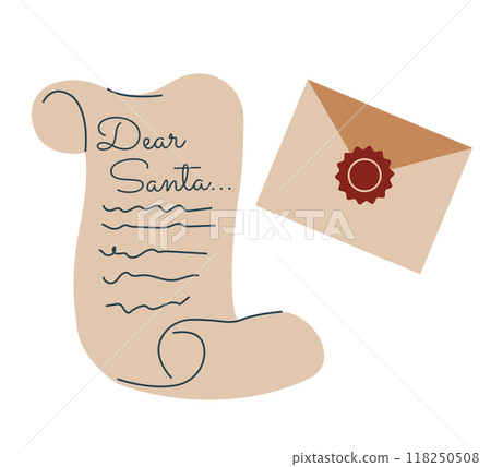 Christmas handwritten wish letter to Santa Claus. Letter and post envelope on Xmas eve. Traditional written paper mail to North Pole. Colored flat vector illustration isolated on white background 118250508