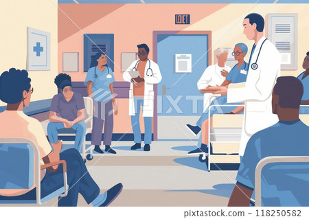 Illustration of a diverse group of healthcare professionals attending to patients in a clinical environment 118250582