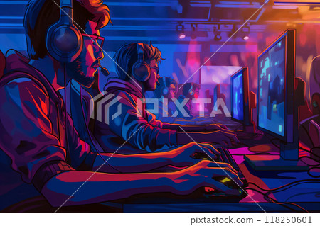 Illustration of focused gamers participating in an esports tournament, immersed in a vibrant gaming environment Illustration of focused gamers participating in an esports tournament, immersed in a vibrant gaming environment 118250601