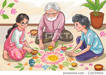 Colorful illustration of Indian grandparents spending quality time playing traditional floor game with their grandchildren 118250602