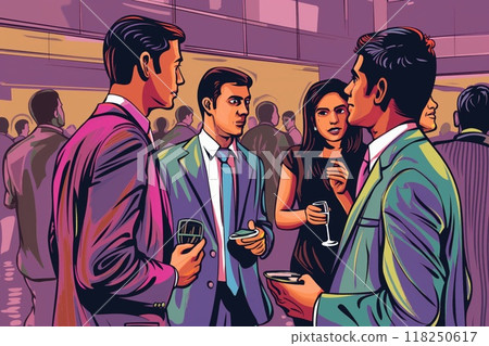 Colorful illustration of professionals engaging in conversation at a networking event 118250617