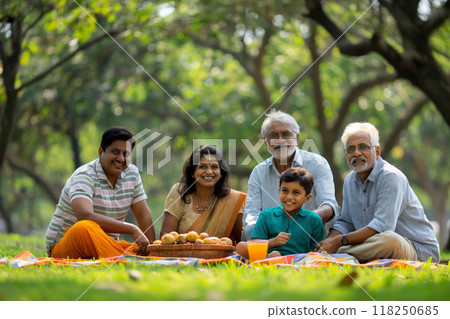 Joyful Indian family sits together on a picnic blanket in a lush park, sharing smiles and quality time outdoors 118250685