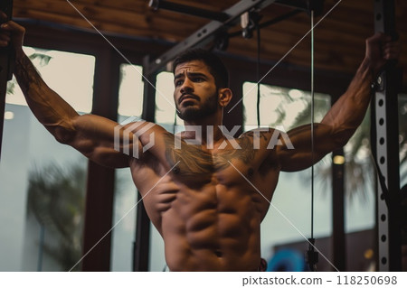 Toned Indian man with tattoos intensely working out on a cable machine at the gym Toned Indian man with tattoos intensely working out on a cable machine at the gym 118250698