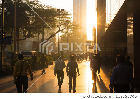 Silhouetted employees walking towards an office building in India during a golden sunrise 118250709