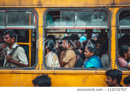 Hustle of indian commuters boarding a bus 118250767