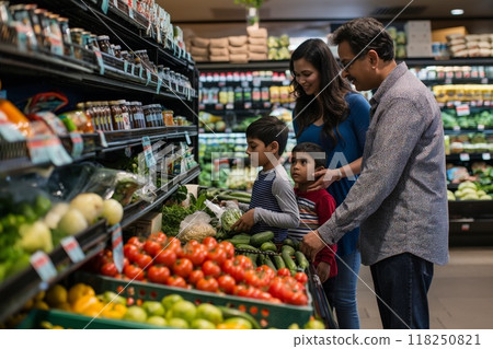 Indian family shopping for groceries Indian family shopping for groceries 118250821