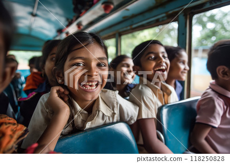 Joyful indian schoolchildren on a bus trip 118250828