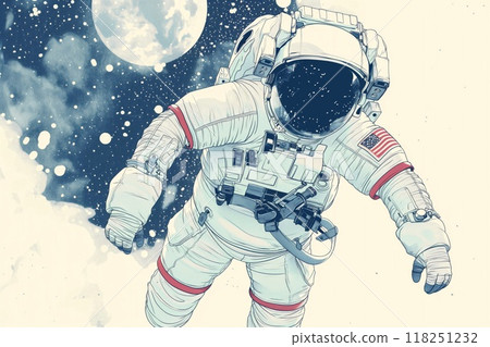 Hand-drawn illustration of an astronaut drifting peacefully among stars 118251232