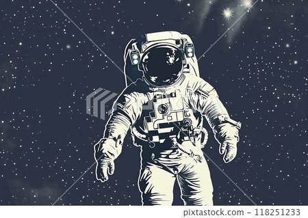 Retro-styled illustration of an astronaut in a spacewalk among stars 118251233