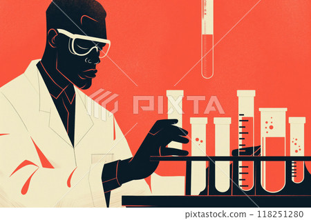 Illustration of a focused African American scientist analyzing test tubes in a modern lab setting 118251280