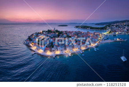 Aeriel view of old town with street lights on island at night 118251528