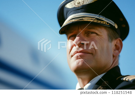 Close-up of a focused police officer in dress uniform, embodying authority and service 118251548