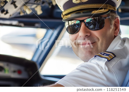Smiling airline captain wearing sunglasses and uniform in the cockpit 118251549