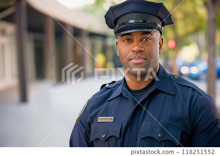 Close-up of a uniformed police officer with a serious expression, serving and protecting the community 118251552