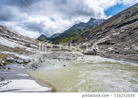 The gentle stream from Schlaten Glacier winds through a rocky terrain, surrounded by lush greenery and towering peaks under a cloudy sky. The contrast of the water against the rugged earth The gentle stream from Schlaten Glacier winds through a rocky terrain, surrounded by lush greenery and towering peaks under a cloudy sky. The contrast of the water against the rugged earth 118252038