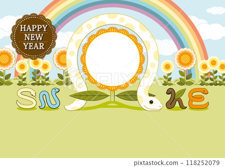 蛇年插畫新年賀卡設計「彩虹、花與蛇框」HAPPY NEW YEAR 118252079