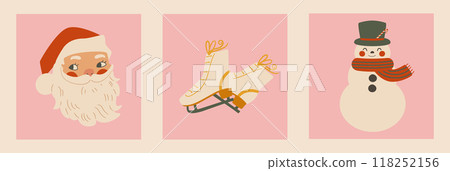 Retro holiday cards. Set of vintage christmas illustration: santa claus, ice skates, snowman. 118252156